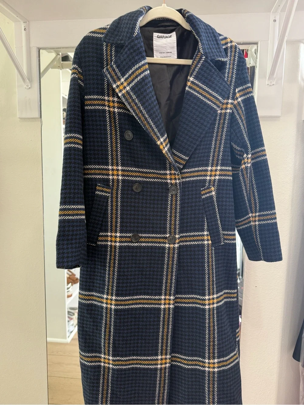 Garage Navy Plaid Double-Breasted Trench Coat with Cream Accents - Picture 2 of 6